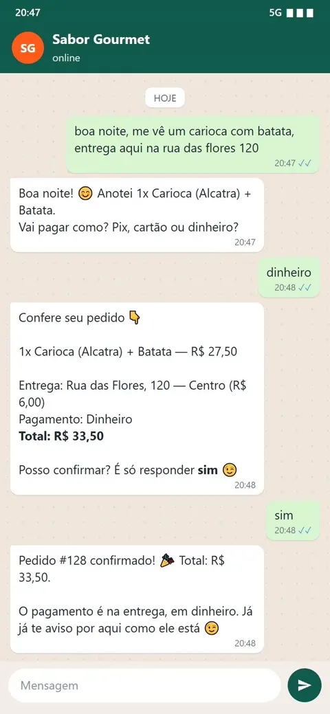 Conversa no WhatsApp: o cliente pede, o atendente confere itens, entrega e pagamento, e confirma o pedido 128.