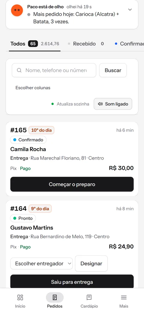 A fila de pedidos: um pedido novo chega, a dona aceita e ele segue para o preparo.