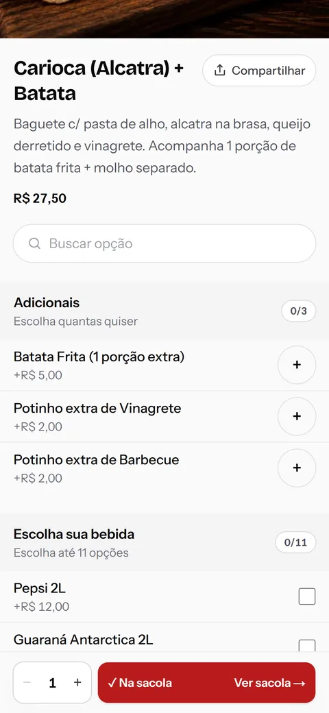 A loja no celular do cliente: rola o cardápio, abre um lanche, marca um adicional e vai para a sacola.