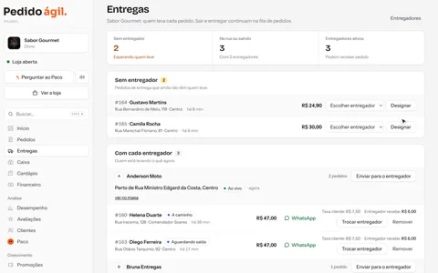 A tela de entregas: escolher quem leva o pedido, entregadores ao vivo e paradas.