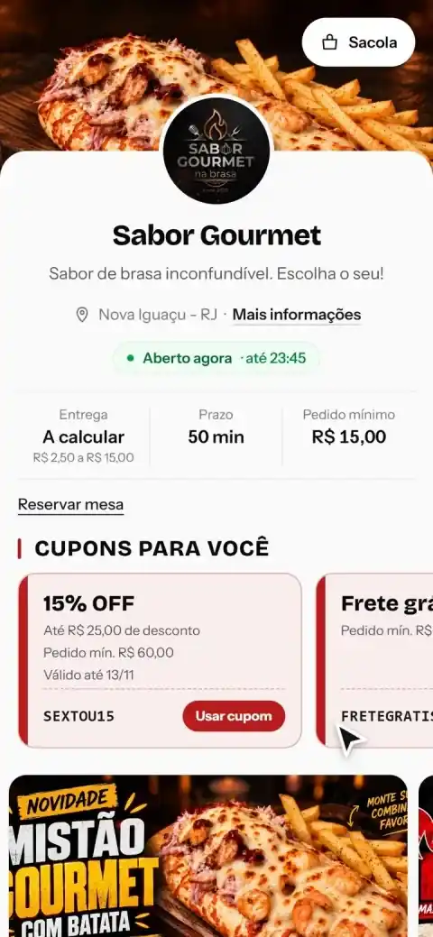 A loja online no celular: banner, destaques, um lanche aberto com adicionais e a sacola.